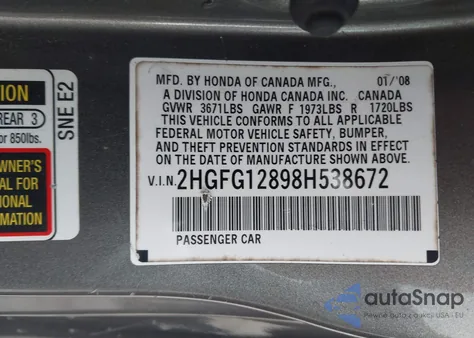 2008 Honda Civic Ex z USA, uszkodzony, nr VIN 2HGFG12898H538672